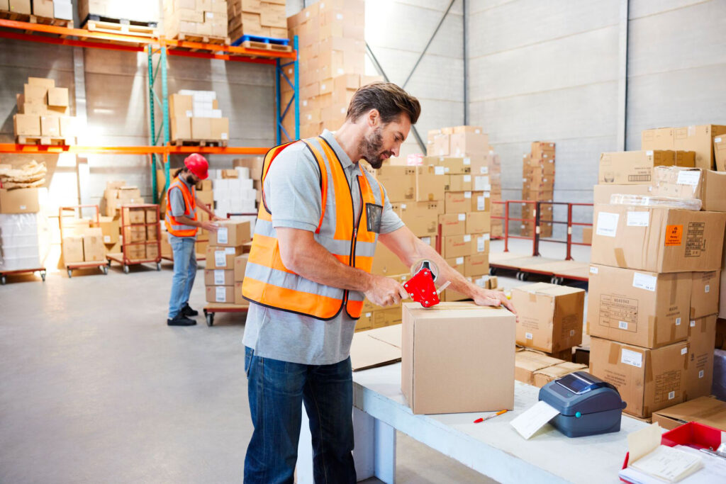 Homme qui prépare un carton